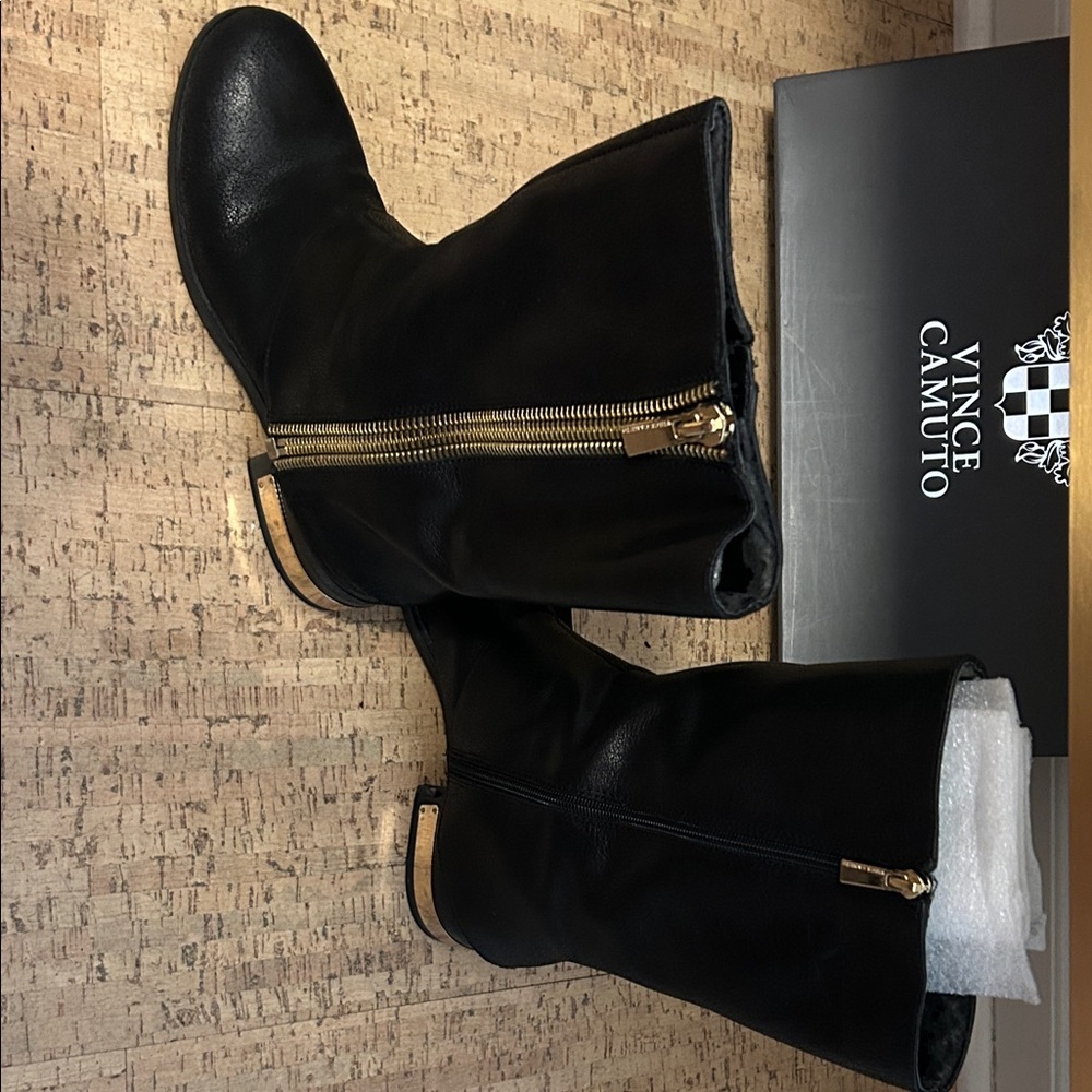 Vince Camuto Black & Gold Zipper Contemporary Boots - Picture 16 of 16